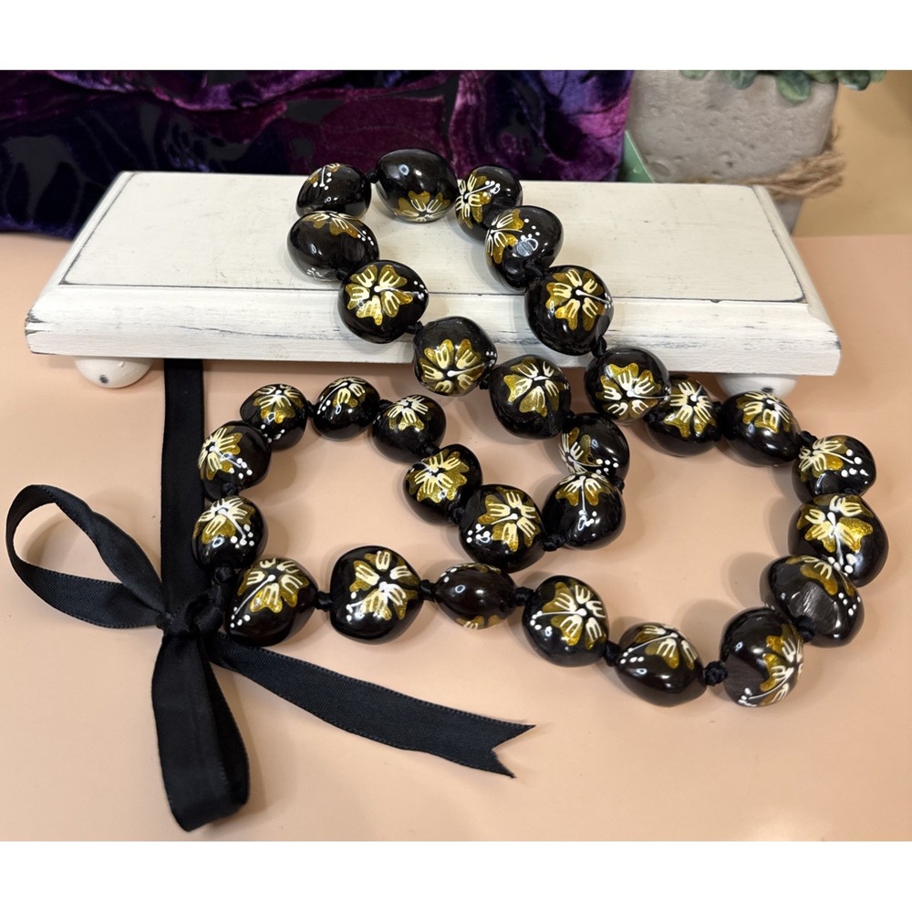 Handmade Hawaiian Kukui Nut Gold Hibiscus Flower Lei Necklace Black Ribbon Tie